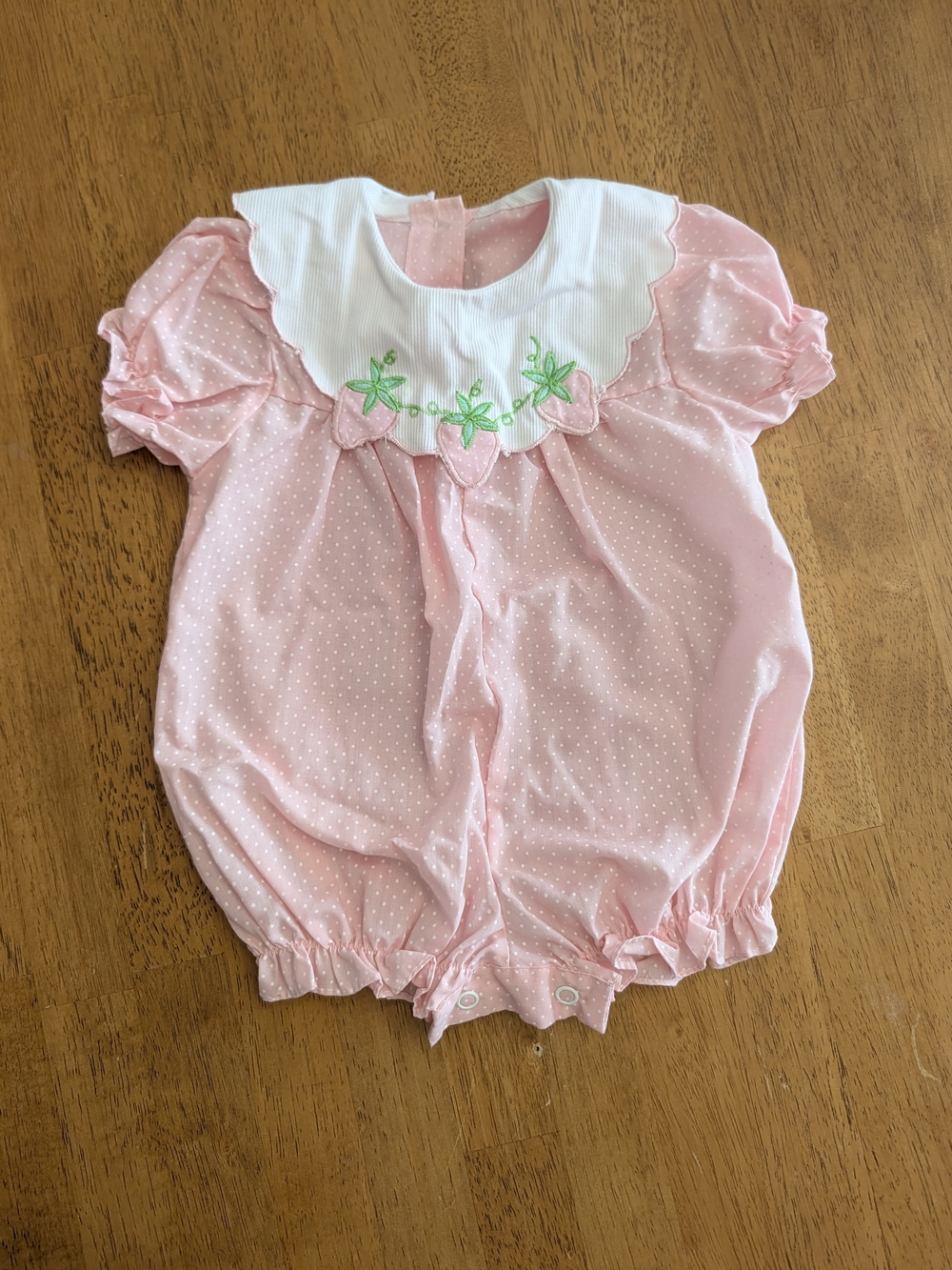 Vintage Pink Polka Dot Baby Romper with Embroidered White Collar 0-3 Months